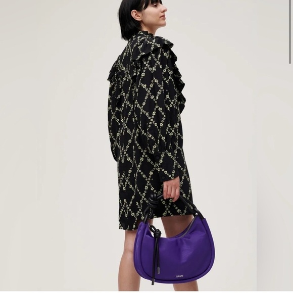 GANNI I Printed Crepe Ruffle High Collar Dress Size 34 XS - Picture 2 of 11